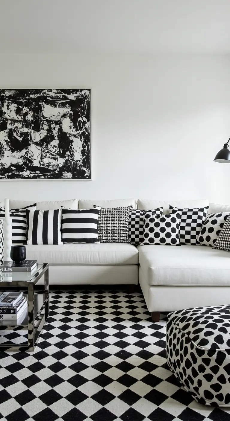 White sectional with assorted black and white patterned pillows on a checkerboard rug.