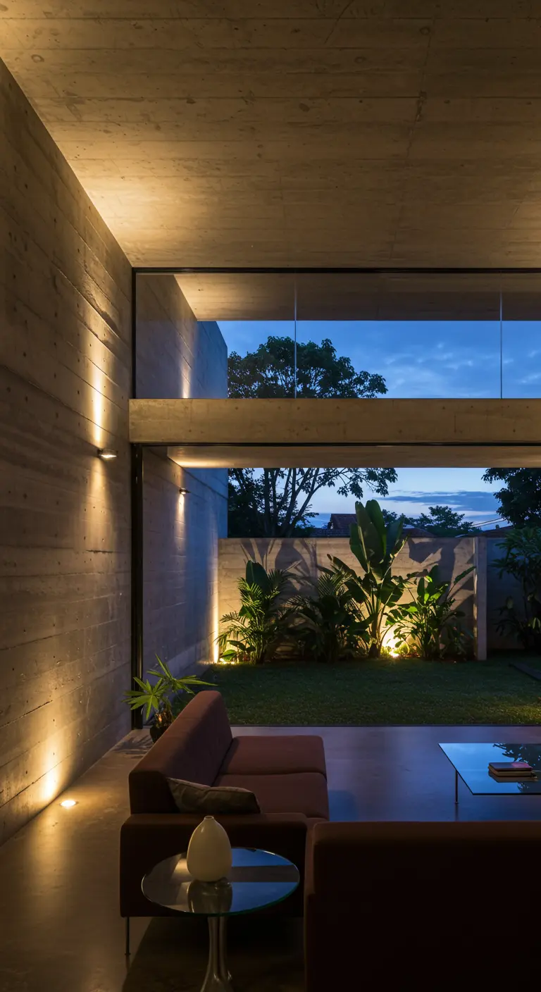 Living room at dusk looking out a large window to an artfully lit garden.