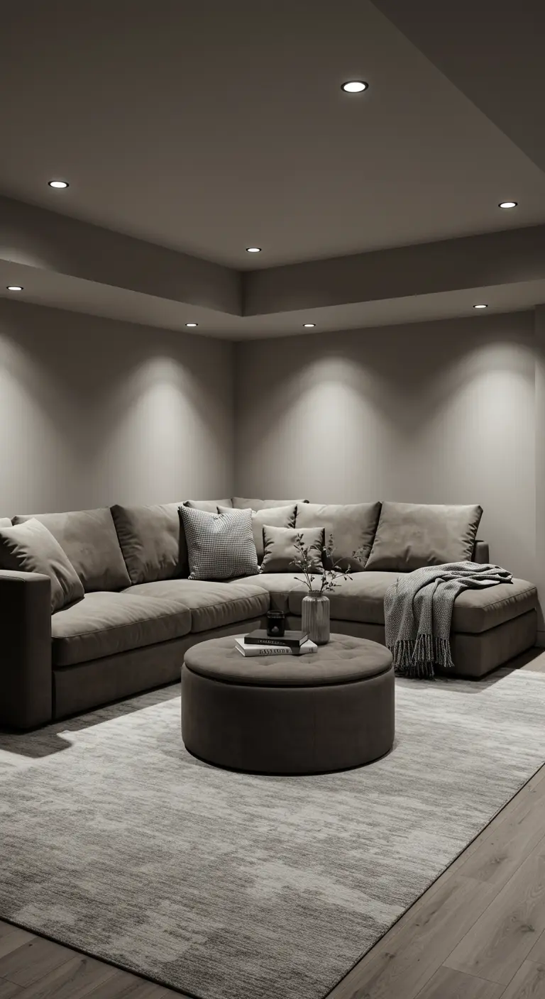 Large taupe sectional in a windowless room illuminated by many ceiling spotlights.