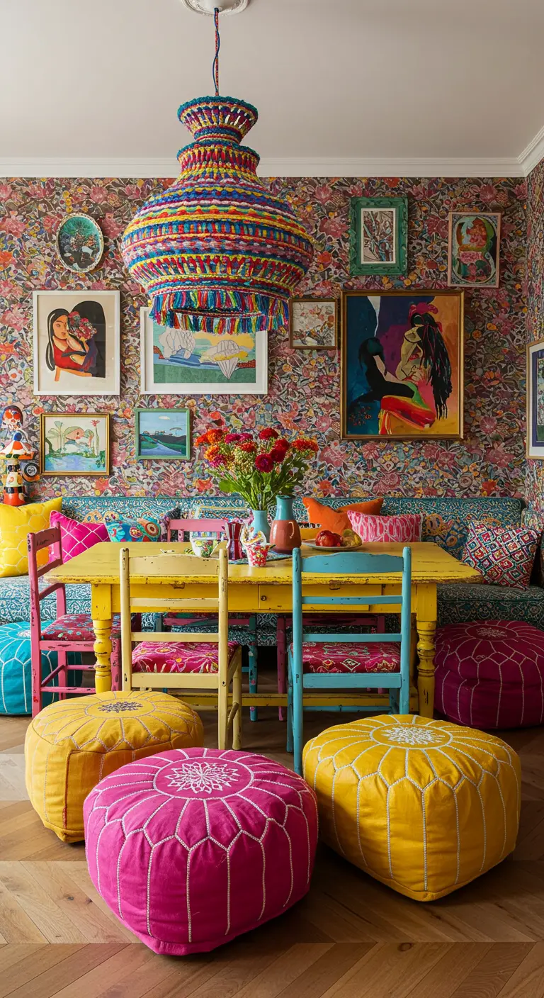 Maximalist dining room with floral wallpaper and brightly colored poufs in yellow, magenta, and pink.