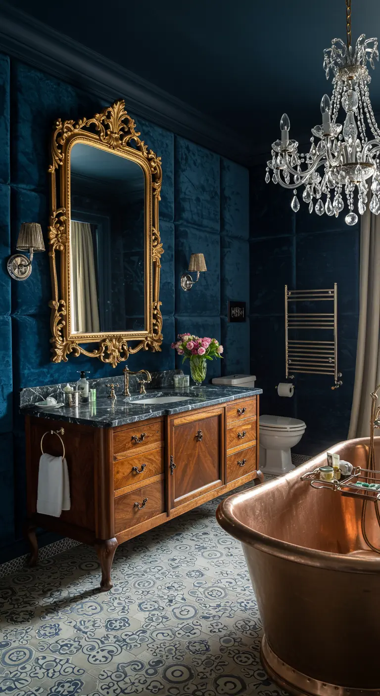 Maximalist bathroom with blue velvet walls, a copper tub, and an ornate gold mirror.