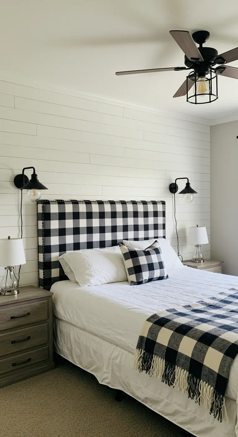 Farmhouse bedroom with a shiplap wall and a buffalo check headboard and throw.
