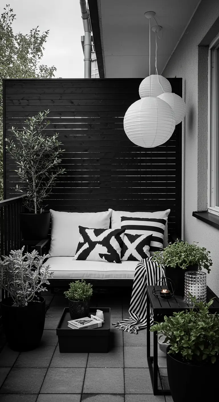 A modern black-and-white balcony with a black screen, graphic pillows, and white lanterns.