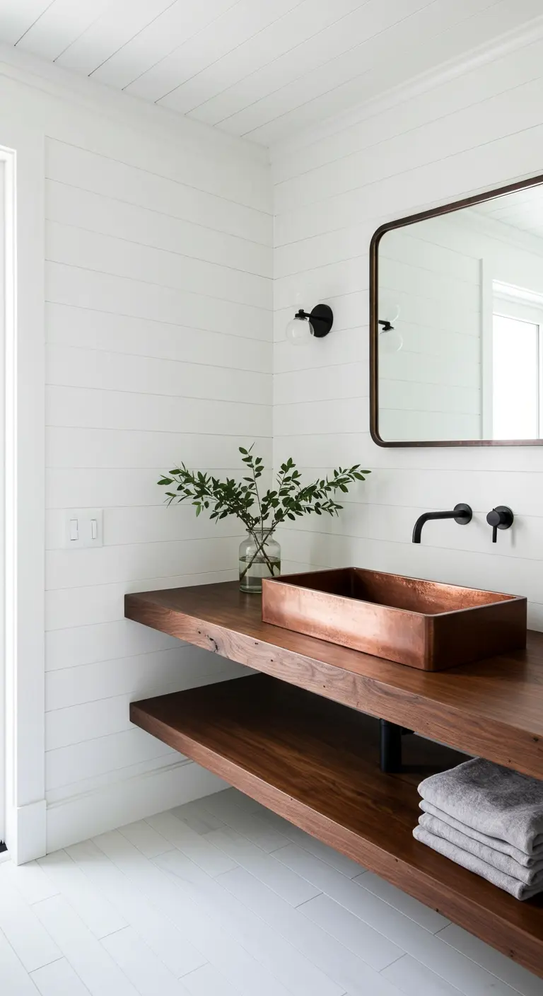 Minimalist farmhouse bathroom with a floating wood vanity and copper sink.