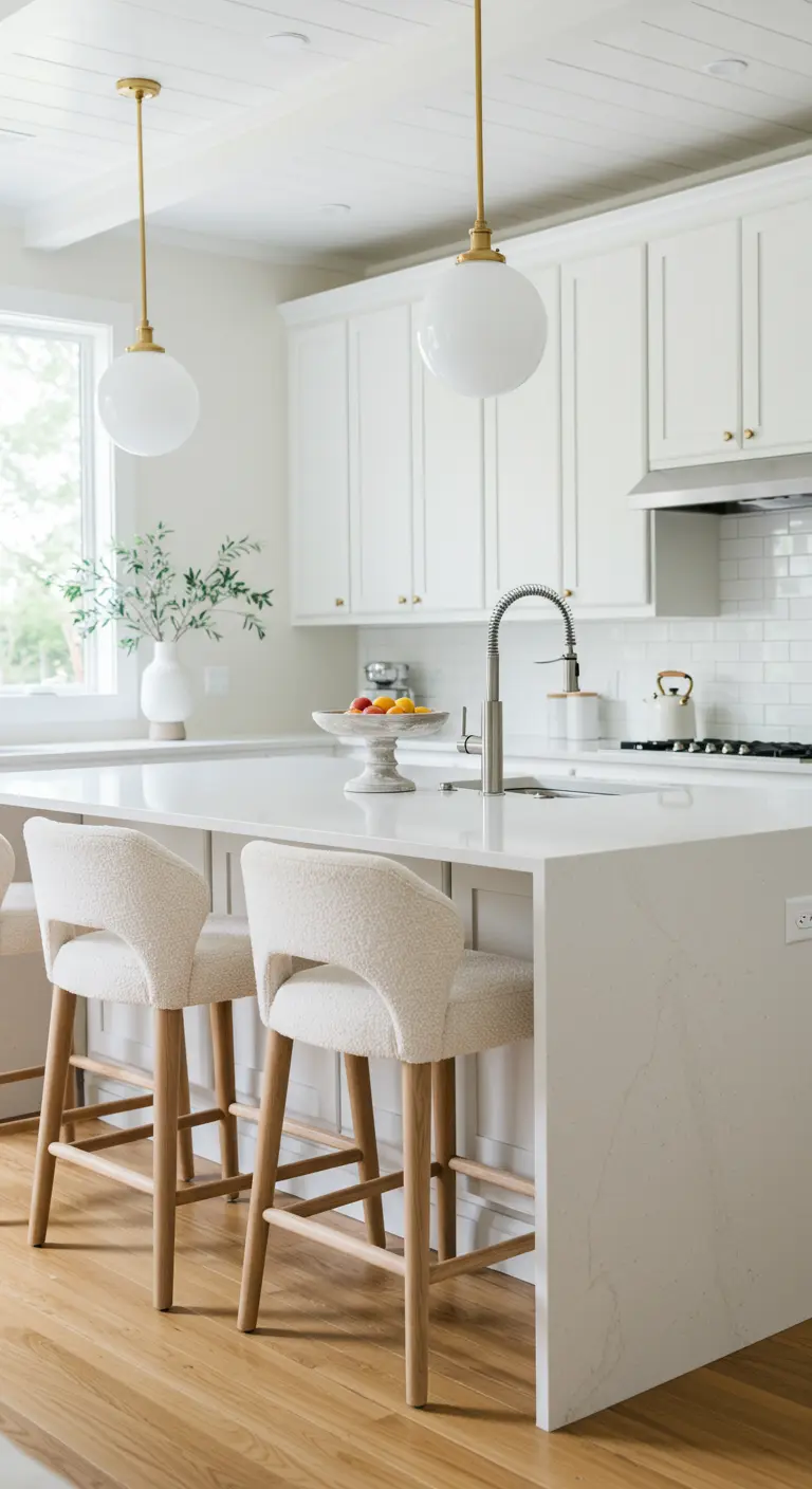 A bright all-white kitchen with a waterfall island, globe pendant lights, and bouclé stools.