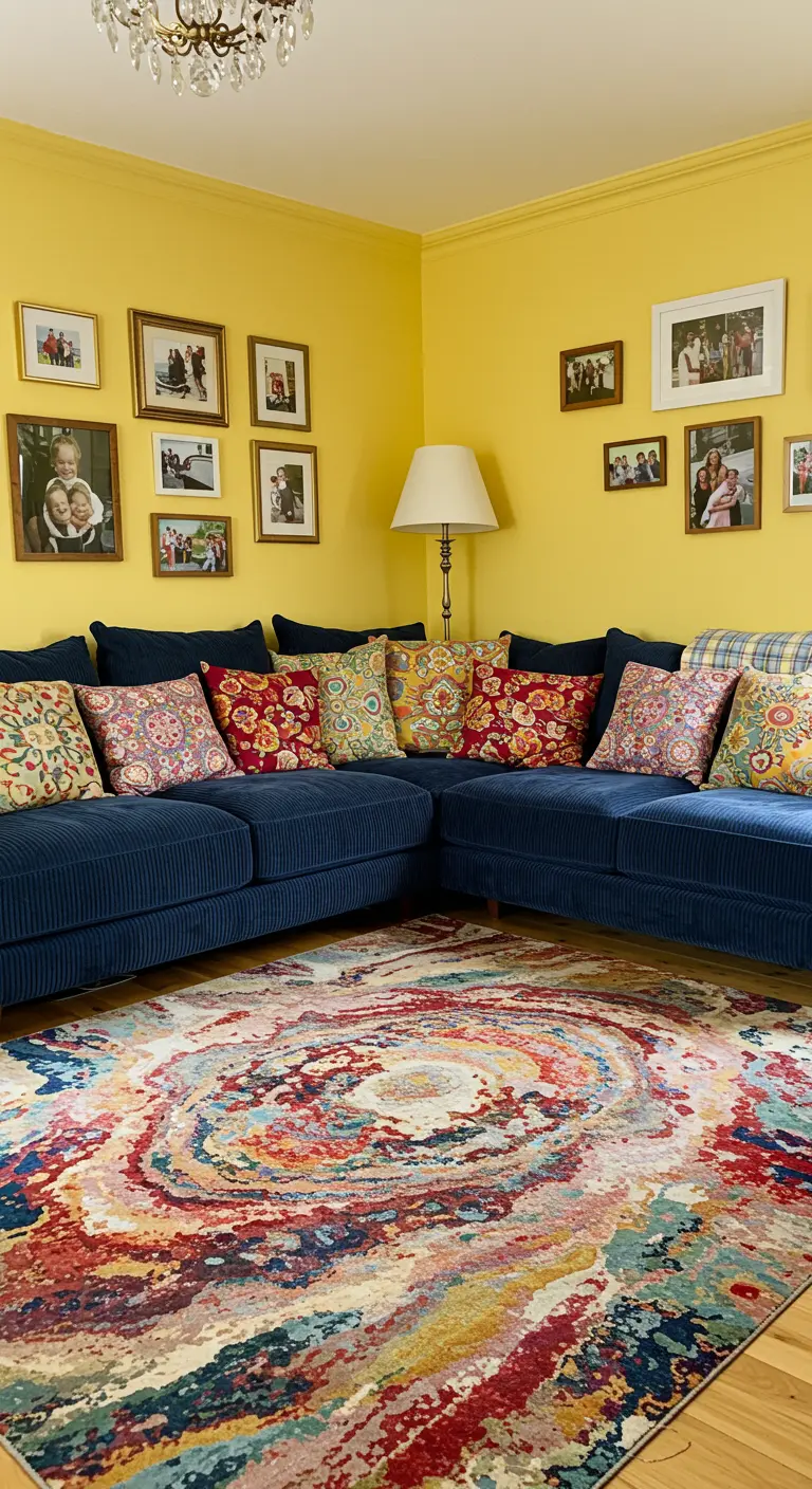 Living room with yellow walls, a navy sectional sofa, and a colorful swirling area rug.