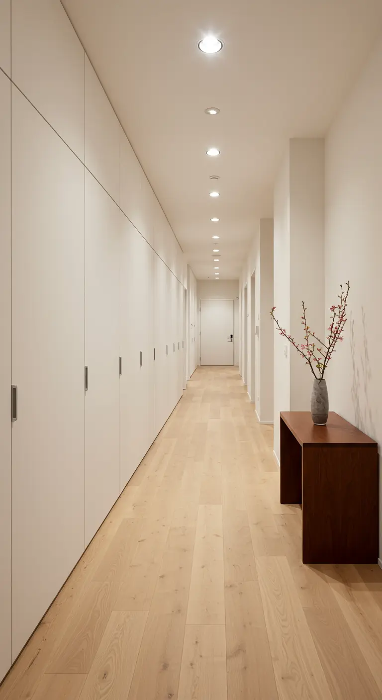 A long hallway with seamless, white, floor-to-ceiling handleless storage cabinets.