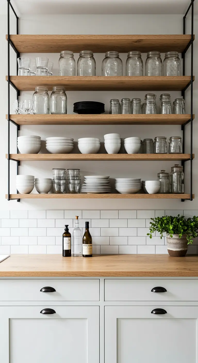 Well-organized open shelving with stacks of white bowls and clear glasses above a wood countertop.