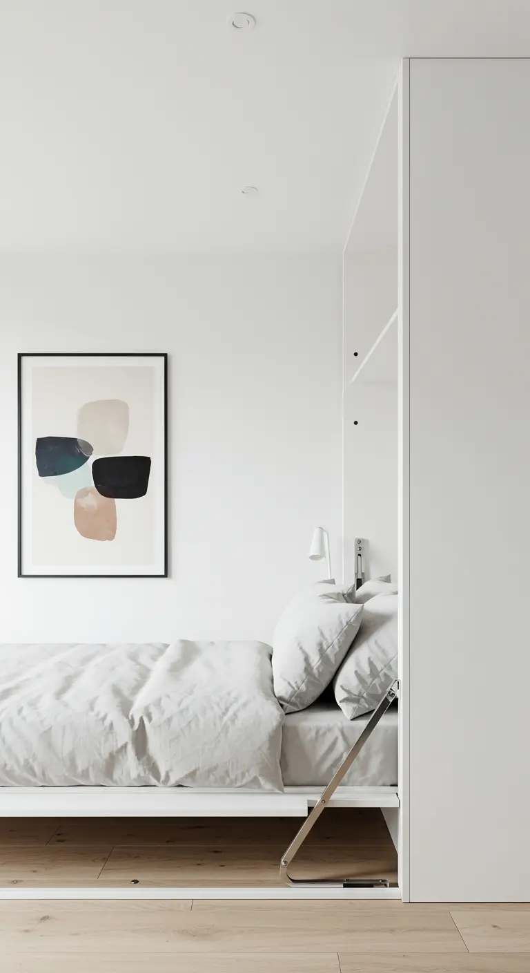 A modern Murphy bed with a white frame and light wood base, partially folded against a wall.