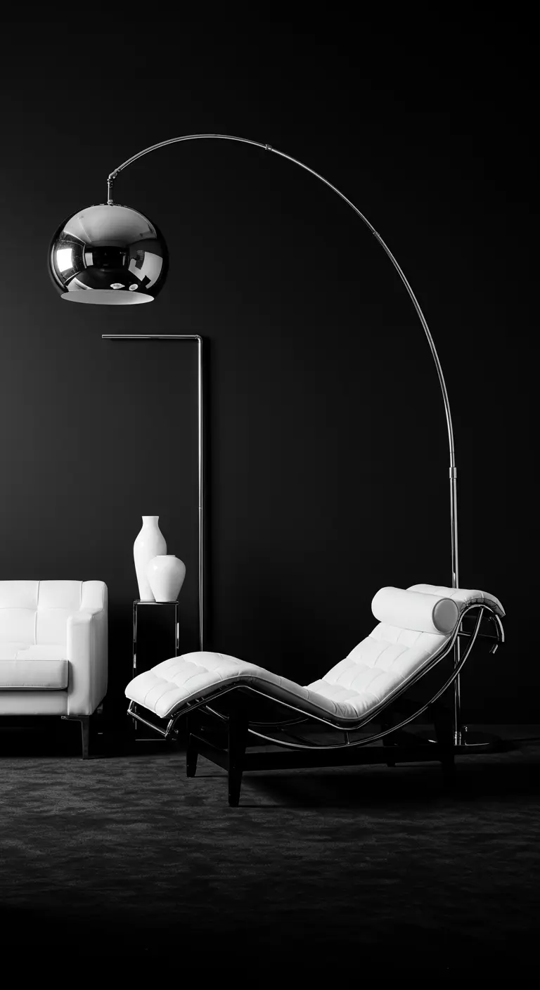 A white chaise and sofa with a chrome arc lamp stand out in a completely black room.