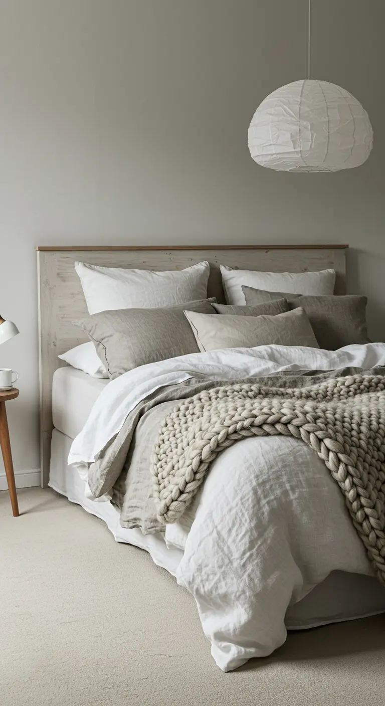 Bed with layered white and grey linen bedding, topped with a chunky knit throw blanket.