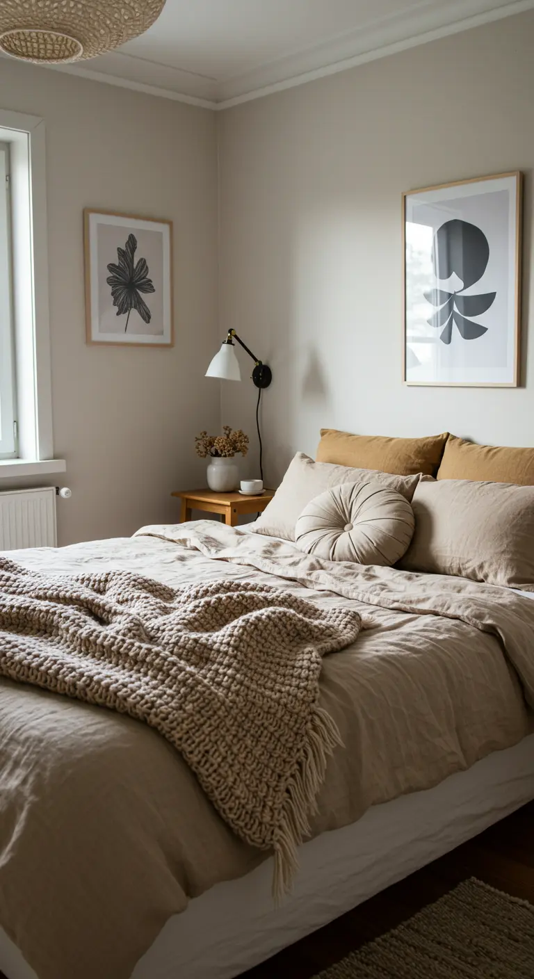 A bed with layered neutral textiles, including a chunky knit throw and a round tufted pillow.