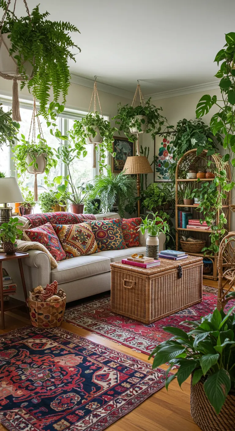 A maximalist living room filled with hanging plants, floor plants, and colorful bohemian textiles.