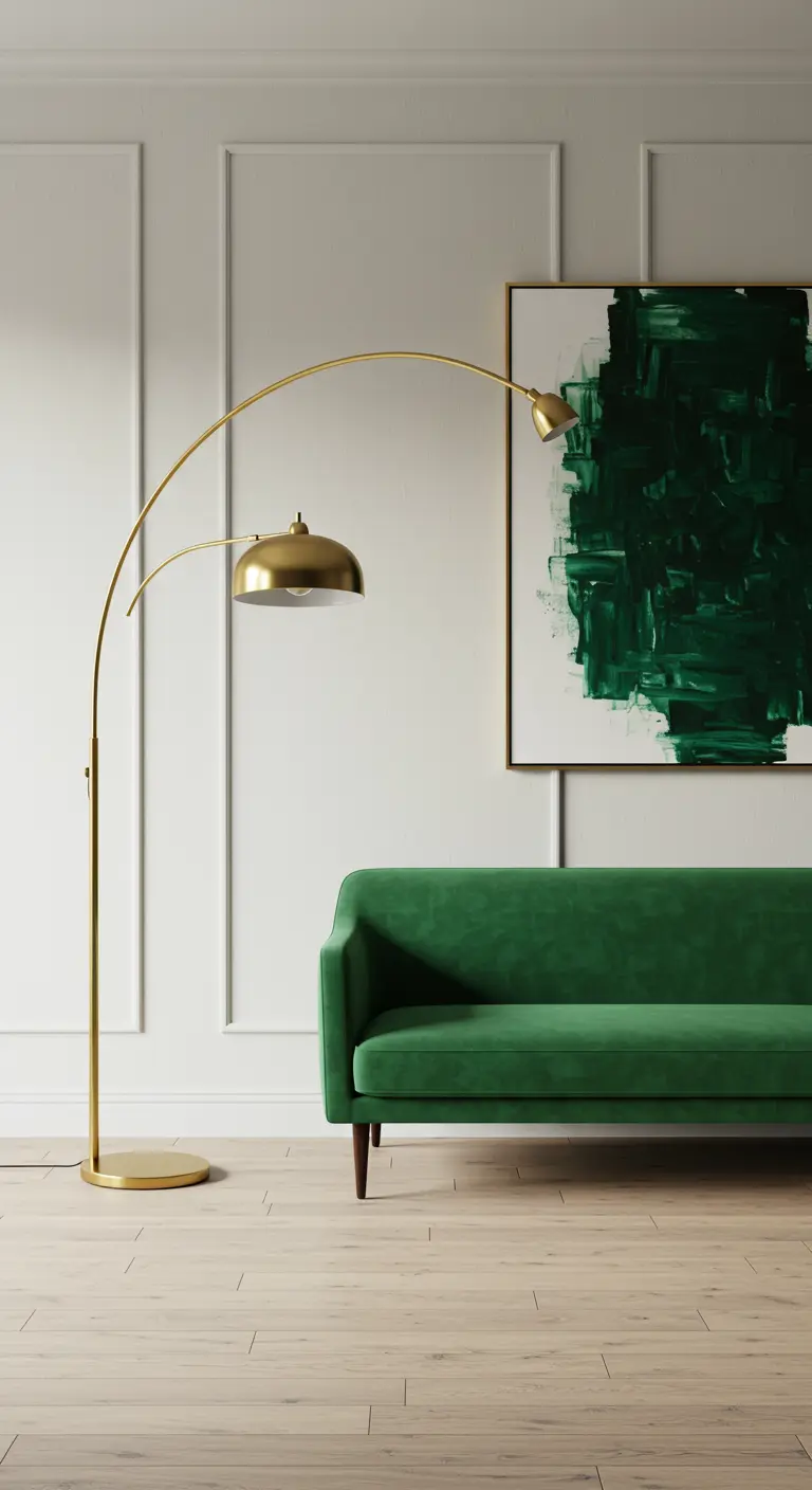 A minimalist living room with a white wall, an emerald green sofa, and a large brass arc floor lamp.