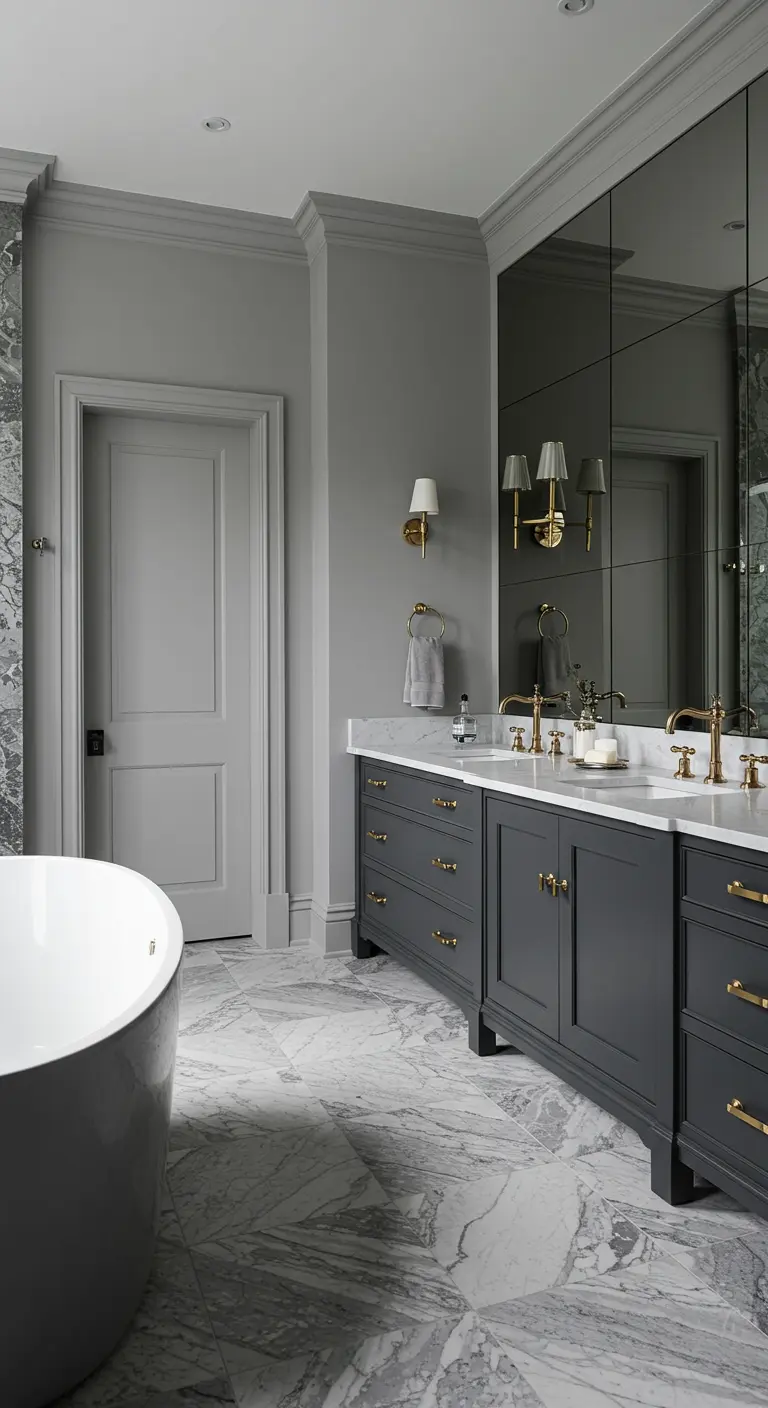 Sophisticated gray bathroom with a dark gray vanity, marble floors, and gold hardware.