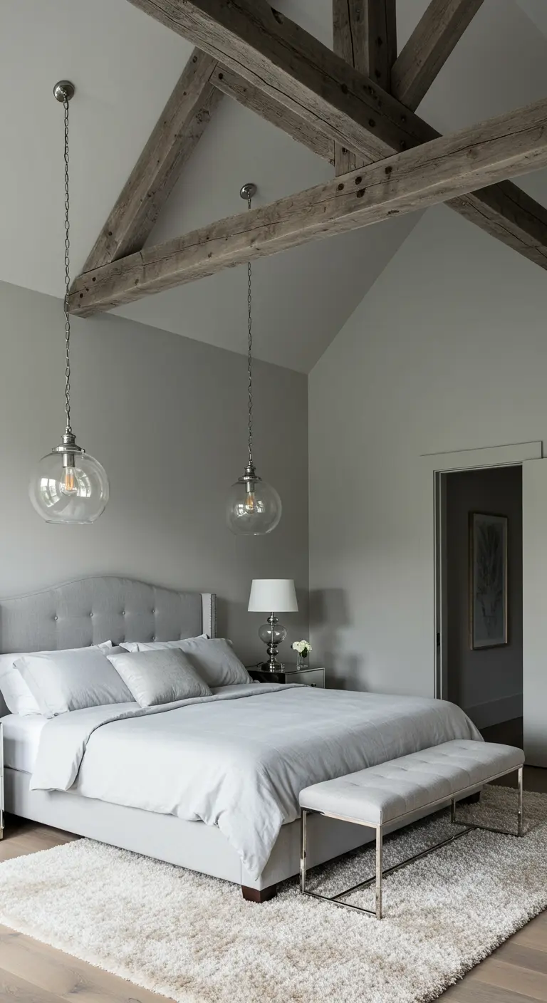 Sophisticated gray monochromatic bedroom with weathered wood beams and a plush rug.