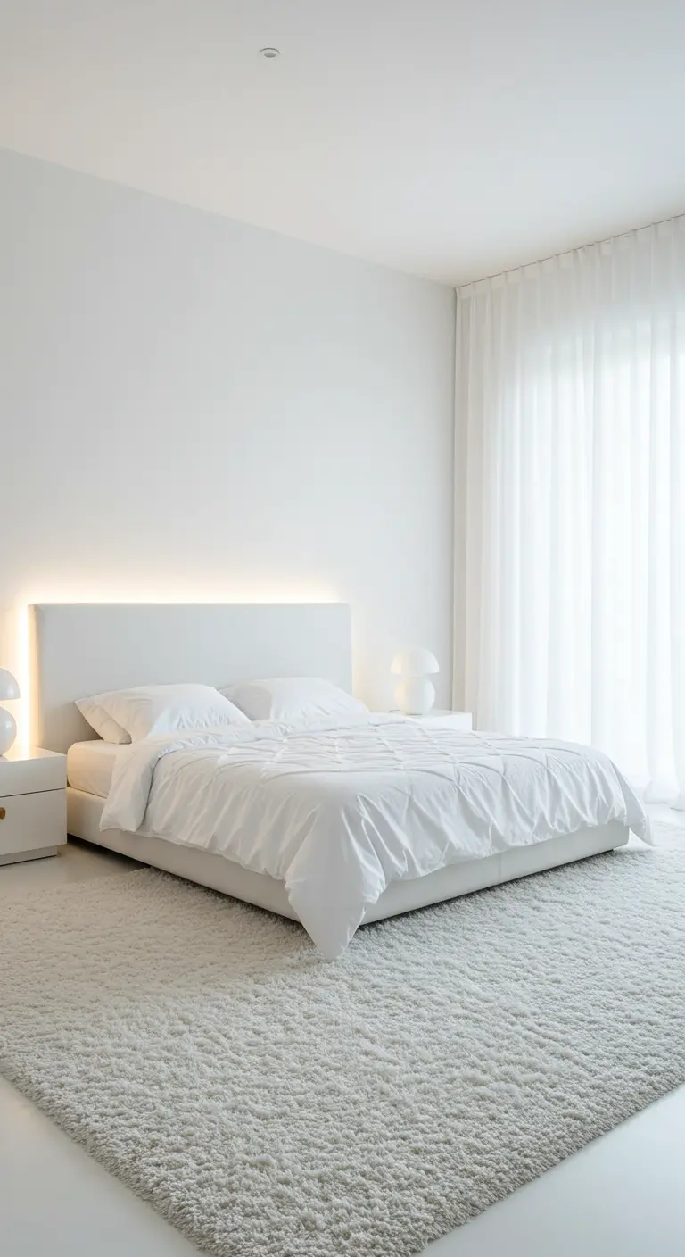 Minimalist all-white bedroom with a backlit headboard and high-pile rug.