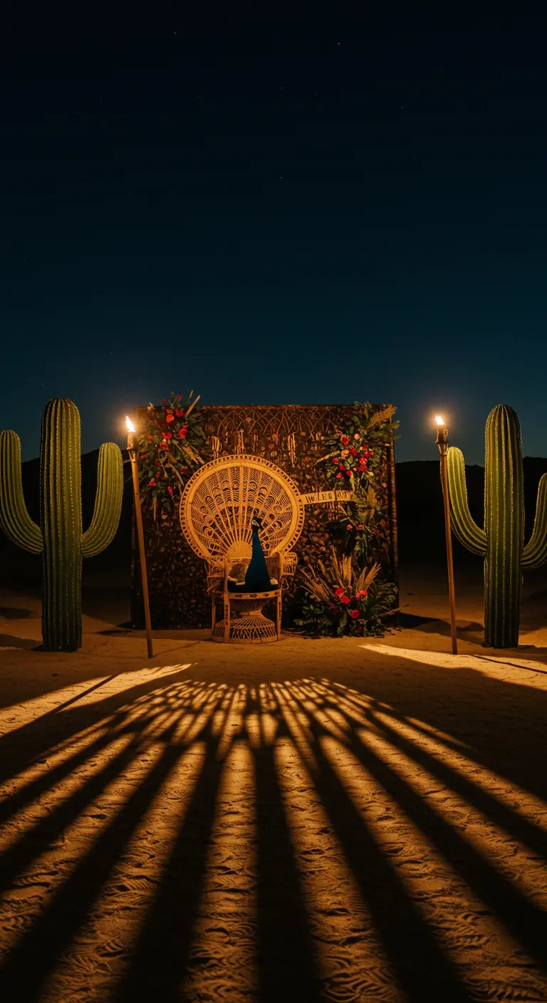 A peacock chair at night, flanked by cacti and tiki torches creating long, dramatic shadows.