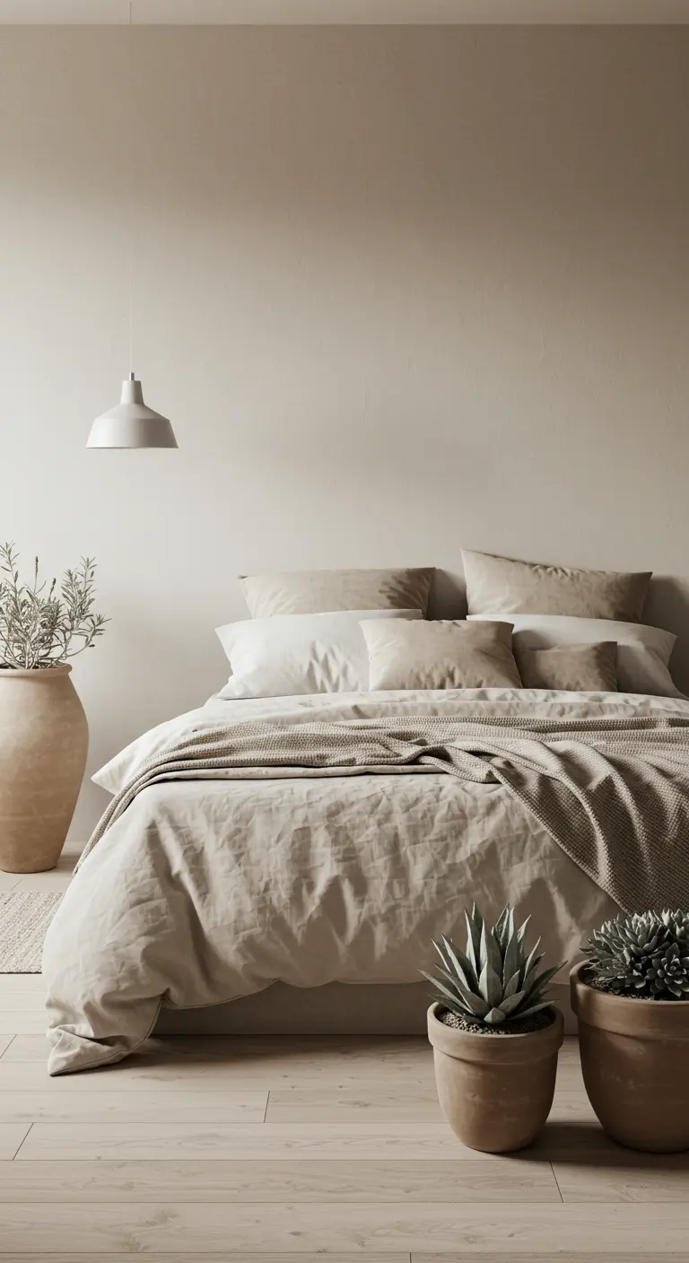 Serene, neutral-toned bedroom with layered bedding and potted succulents.