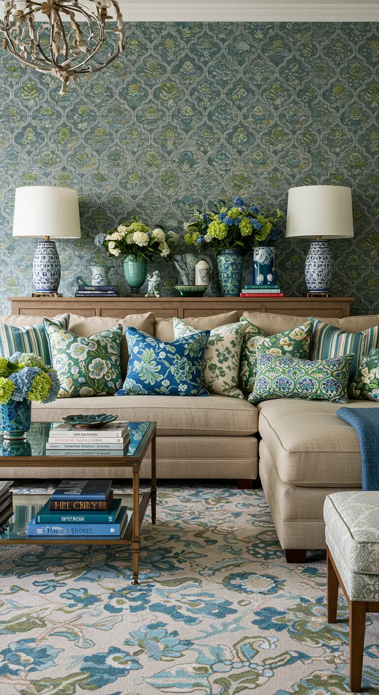 Beige sectional with blue and green floral pillows on a matching floral rug.
