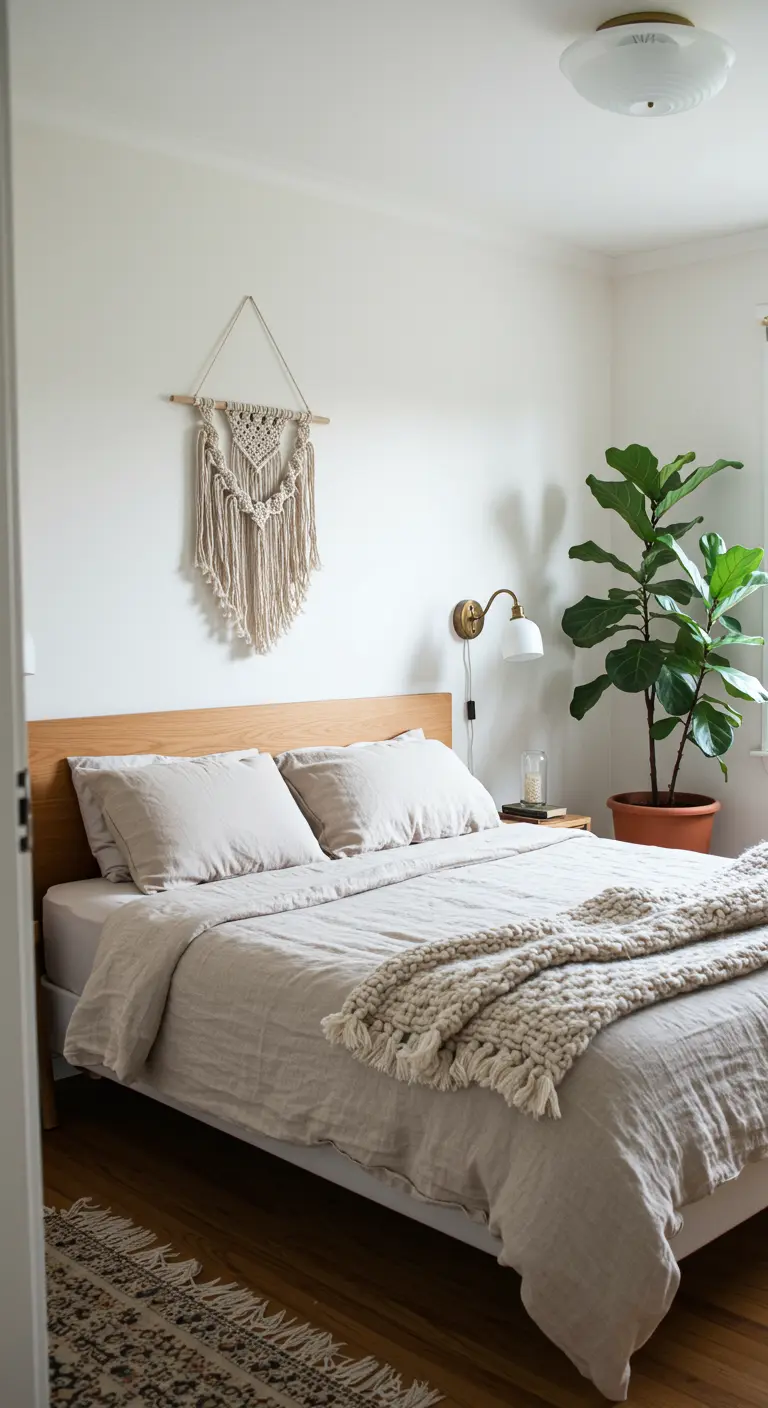 Minimalist bedroom with a small macrame wall hanging and neutral linen bedding.