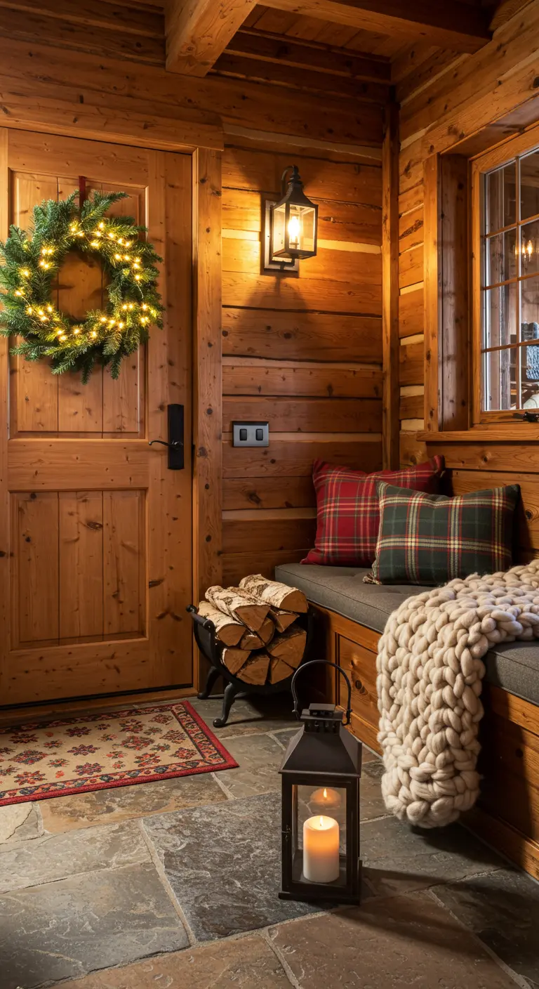 Rustic log cabin entryway with a lit wreath, plaid pillows, and a chunky knit blanket.