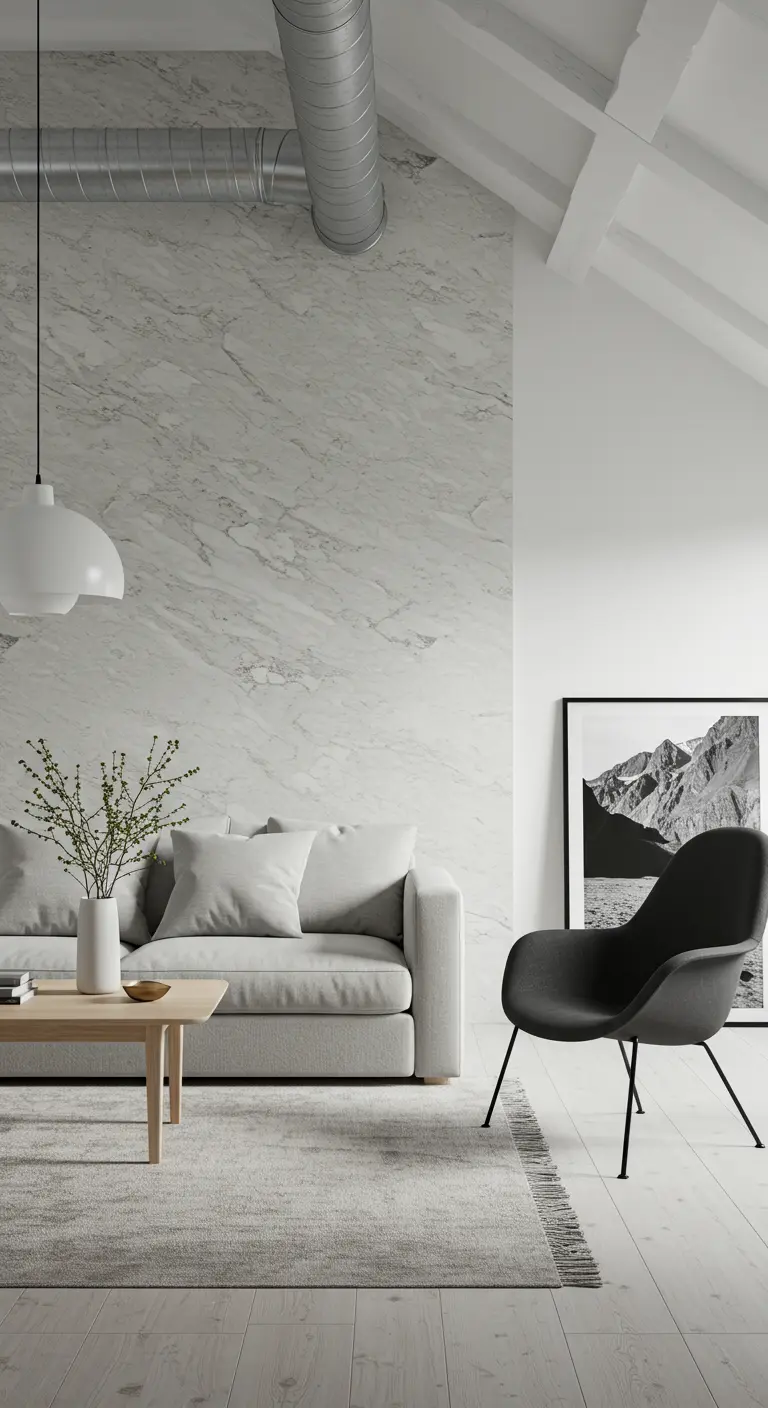Scandinavian-style loft with white marble wall, gray sofa, and a black accent chair.
