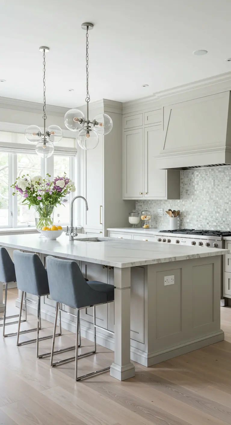 A serene greige kitchen with a white marble island, dusty blue stools, and glass globe pendants.