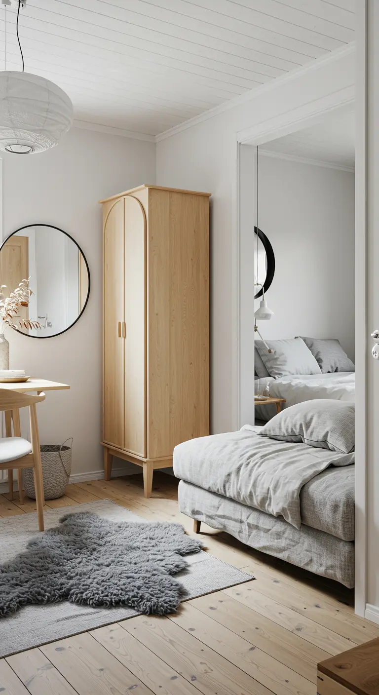 A light wood wardrobe and a bed in a white room with layered grey rugs.