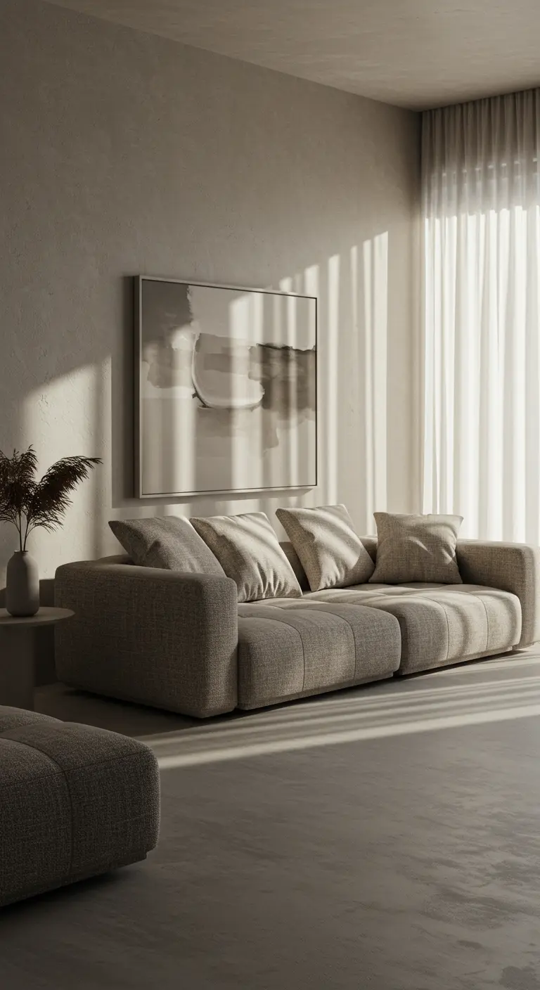 Greige living room with a low sofa, sheer curtains, and abstract art.