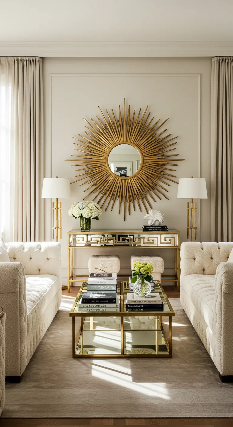 Symmetrical living room with two white sofas and a large gold sunburst mirror.