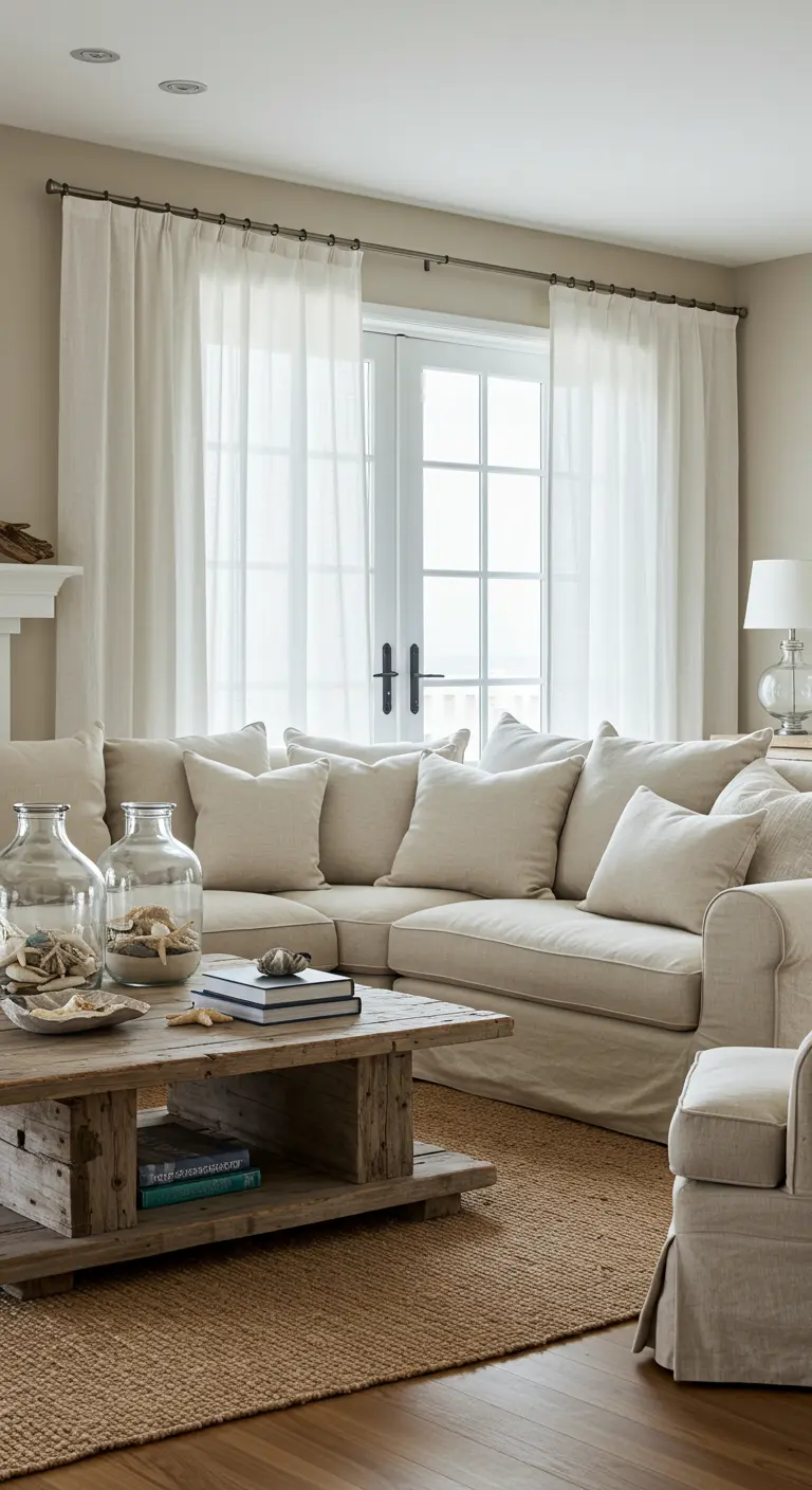 Coastal living room with a linen sectional, jute rug, and reclaimed wood coffee table.