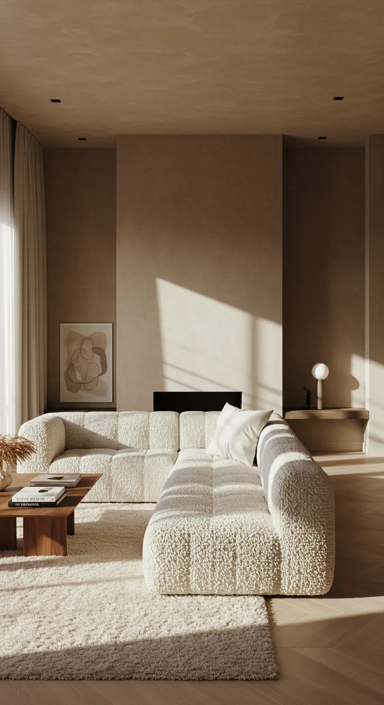 Minimalist living room with a cream bouclé sectional sofa and beige limewash walls.