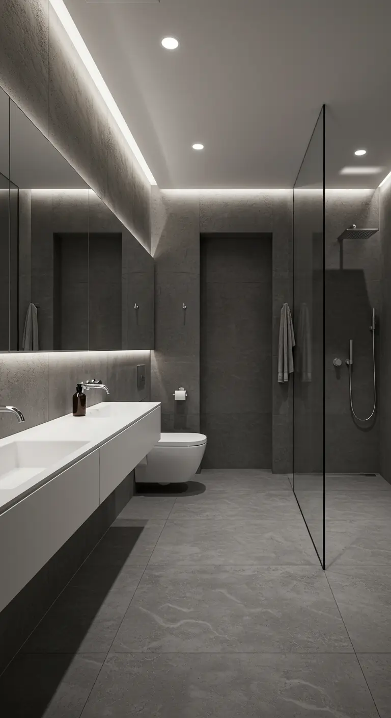 Spacious gray tiled bathroom with a seamless, tile-clad door and floating vanity.