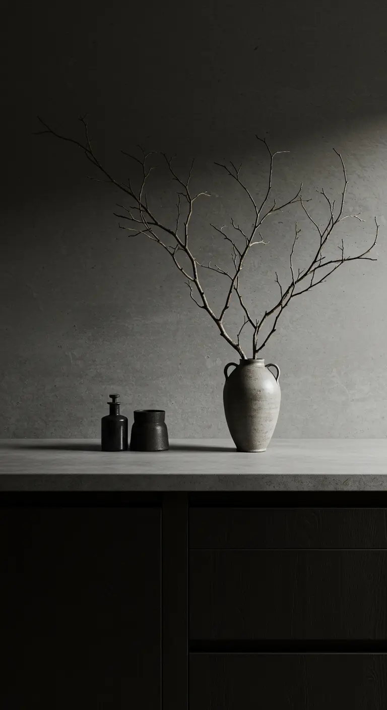 A dark countertop with a stoneware vase holding bare branches and two small vessels.