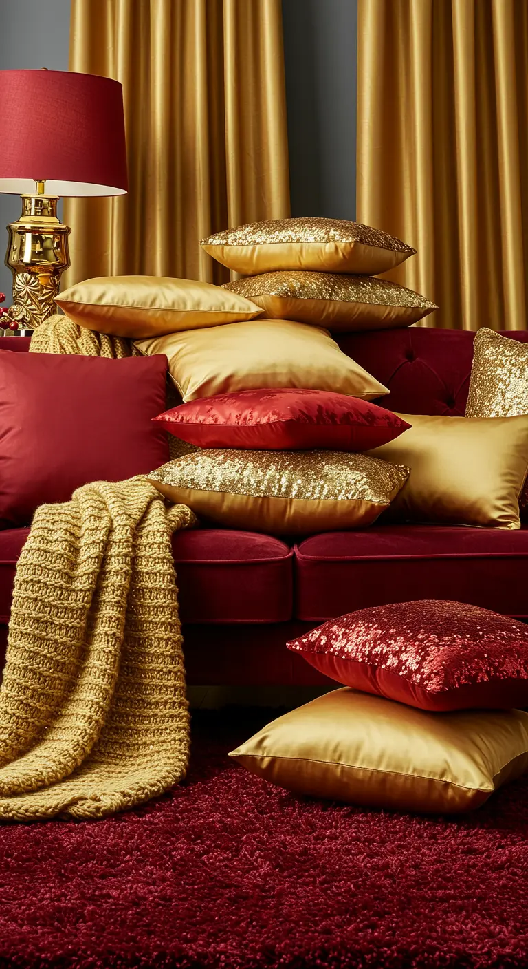A red sofa piled high with a mix of red and gold satin and sequin pillows.