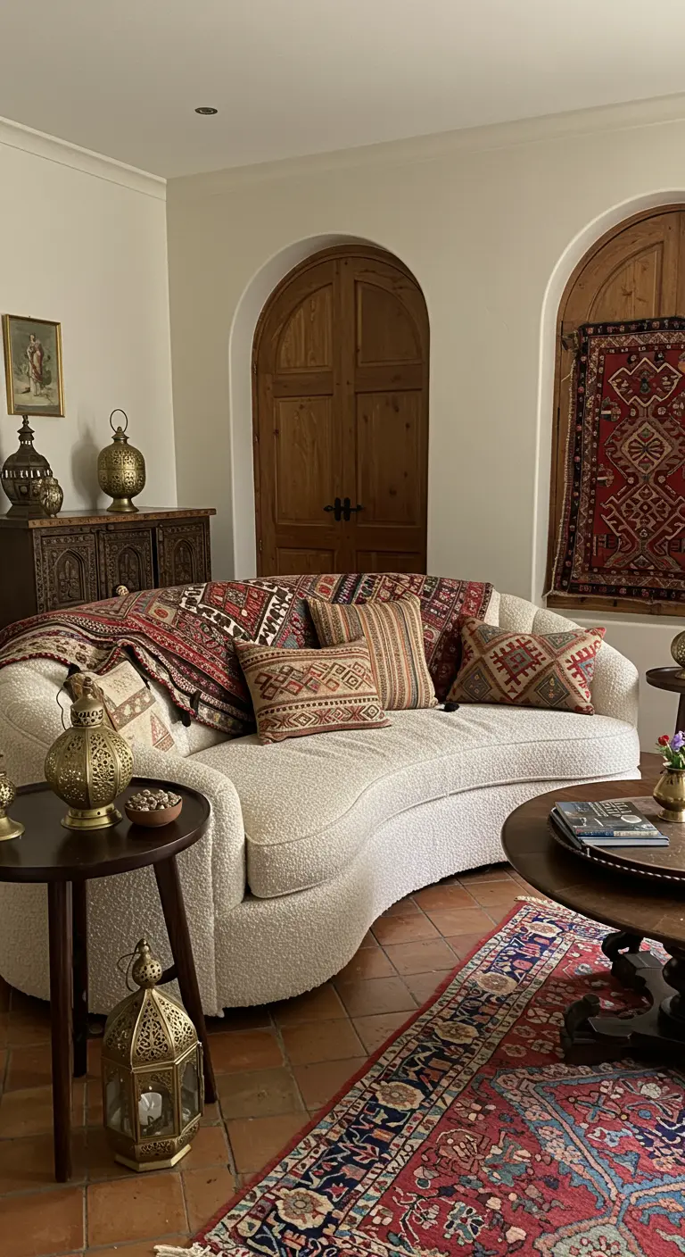 A curved white boucle sofa adorned with layered kilim rugs and pillows in a warm, earthy room.