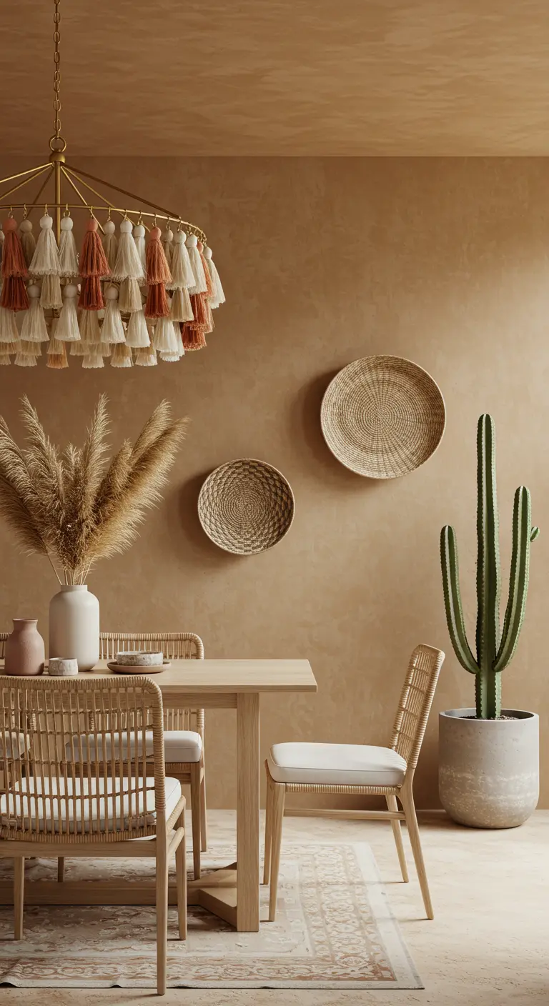 Desert-modern dining space with terracotta walls and a neutral tassel chandelier.