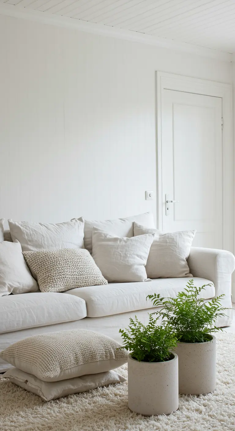 All-white living room with a deep-pile rug, white sofa, and ferns in concrete planters.