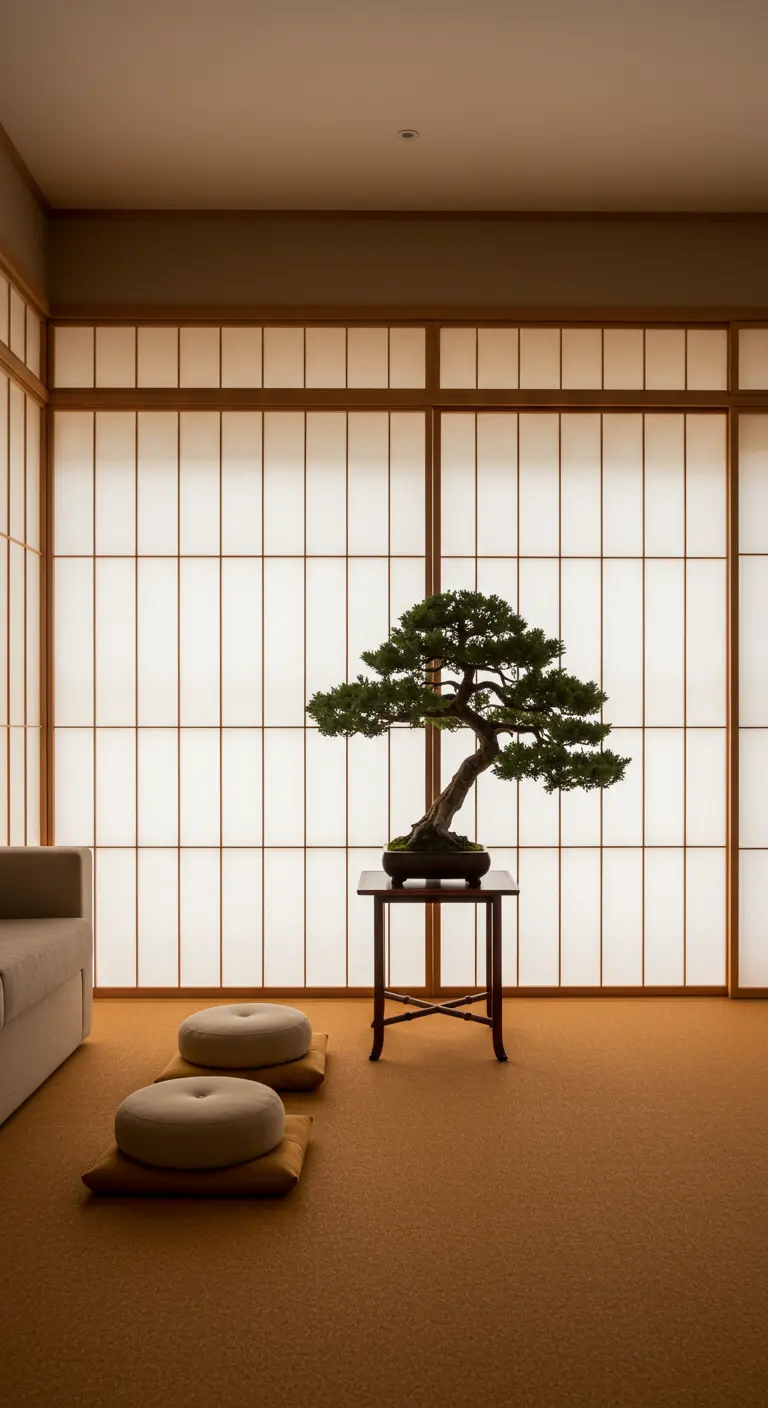 A traditional Japanese-style room with shoji screens, floor cushions, and a single bonsai on a low table.