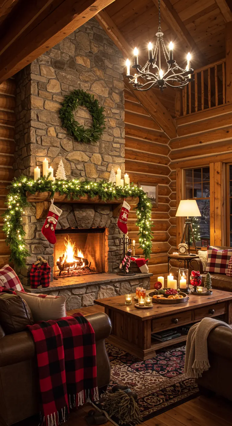 A cozy log cabin living room with a roaring fire and a garland-draped stone fireplace.