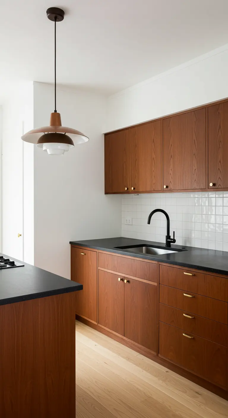 Kitchen with teak cabinets, black countertops, and a copper and white pendant.