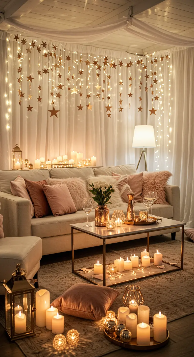 Cozy living room with fairy lights and gold star garlands behind a sofa.