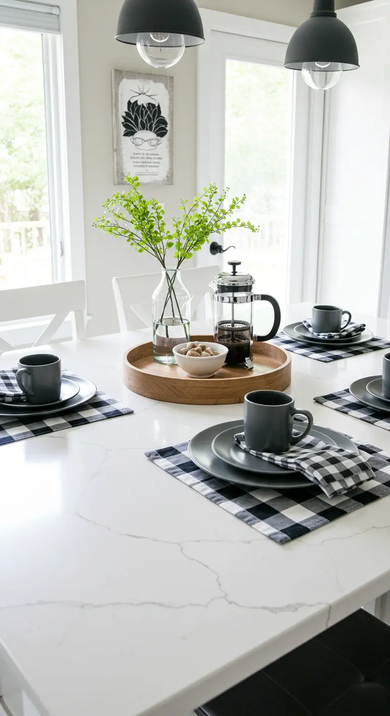 Modern kitchen table set for coffee with buffalo check placemats and a wooden tray.