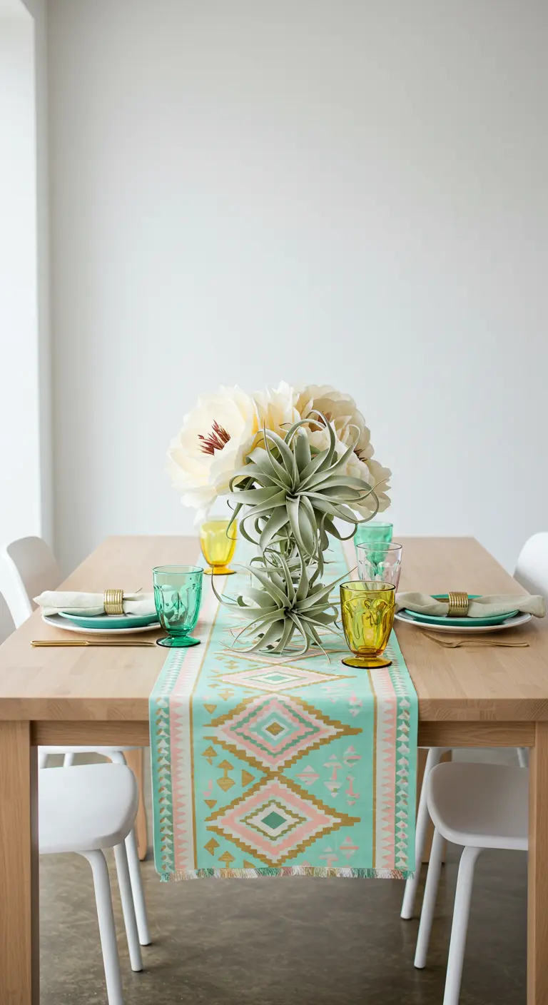 Minimalist dining table with a pastel geometric runner, an air plant centerpiece, and colorful glassware.