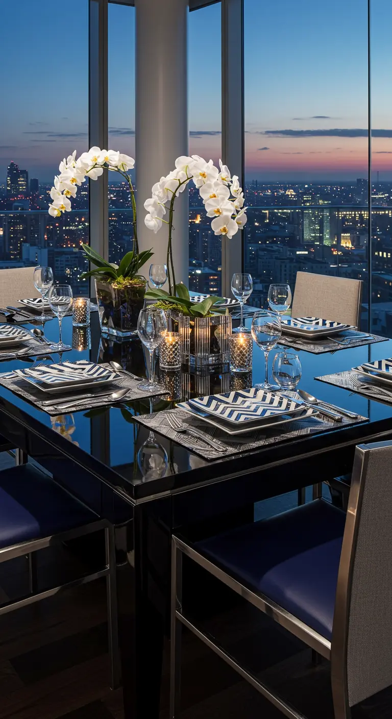 Modern dining table with chevron plates and orchids overlooking a city at dusk.