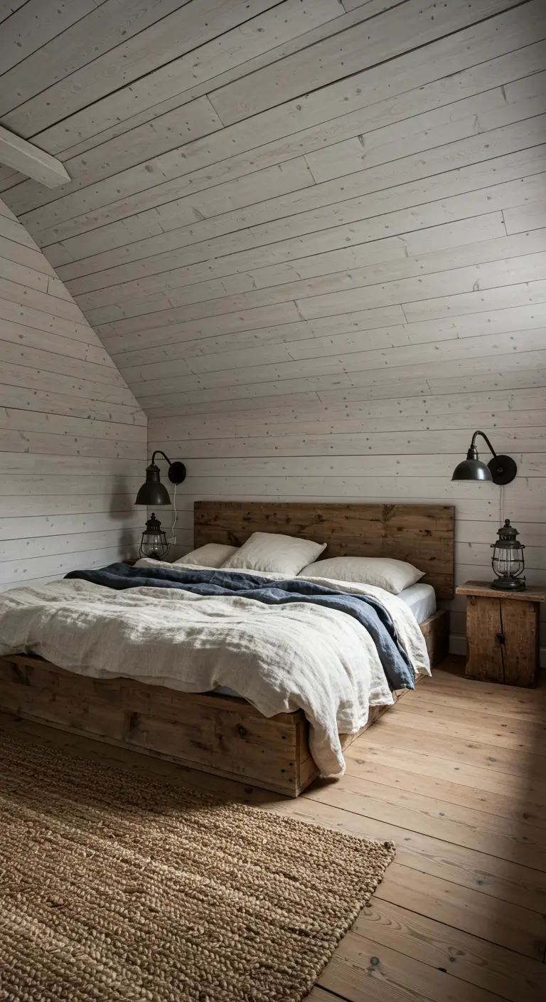 Rustic bedroom with shiplap walls, a reclaimed wood bed, and a jute rug.
