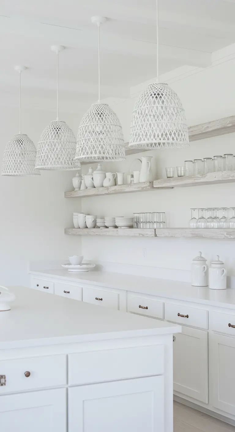 An all-white kitchen with white woven pendants, whitewashed shelves, and white dishware.