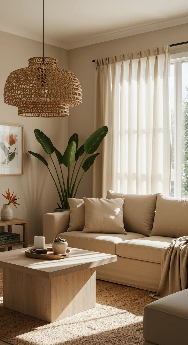 A beige living room with a slipcovered sofa, large woven pendant light, and a bird of paradise plant.