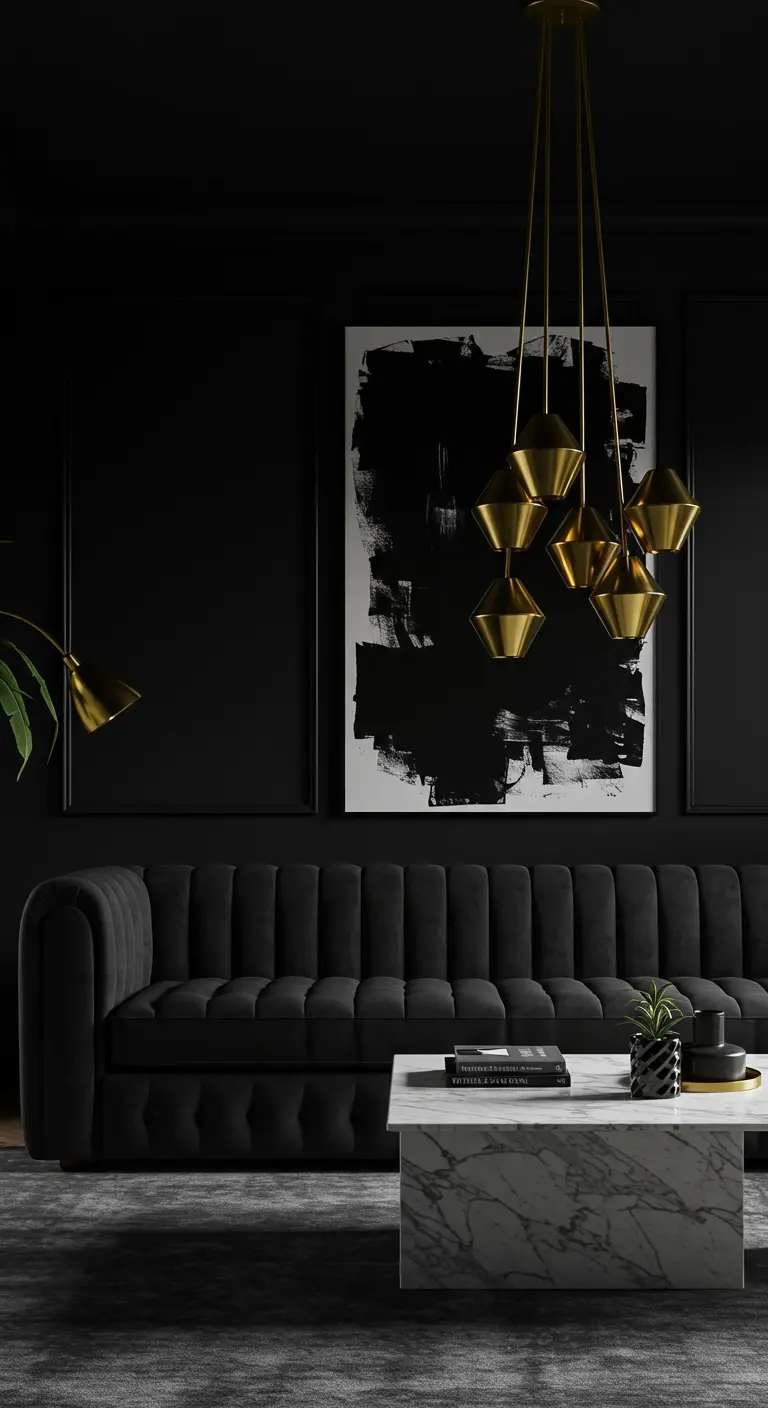 A dramatic all-black living room with a black velvet sofa, marble coffee table, and brass pendant lights.
